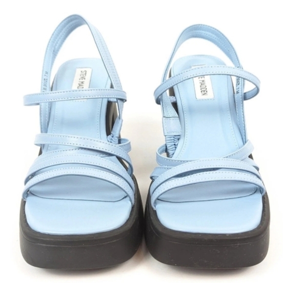 Retro Baby Blue 10 Y2K Platform Chunky Hipster Leather Slip On Sandals New - Picture 5 of 6